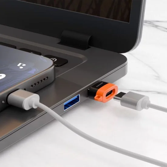 Porodo Snap Charge Usb-A To Usb-C Adapter - Sturdy Aluminum - Fast Charging And Data Transfer - Black/Orange
